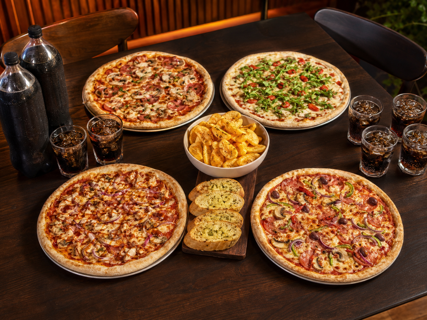 Four large pizzas with two sides and two soft drinks
