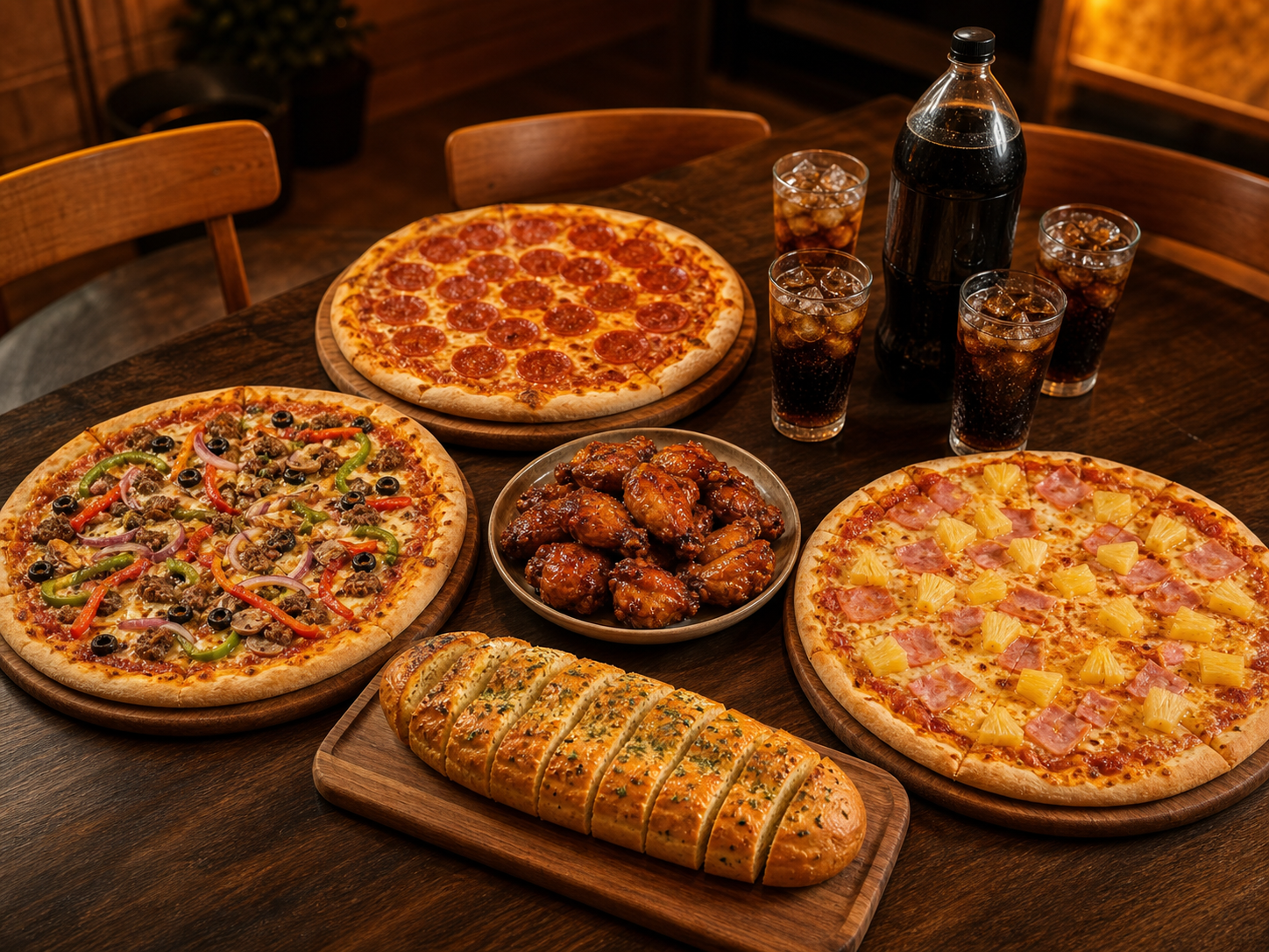 Three large pizzas with wings, garlic bread and a soft drink