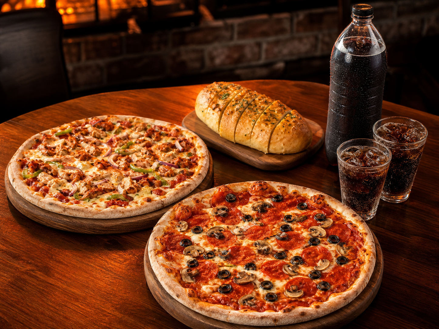 Two large pizzas with garlic bread and a soft drink